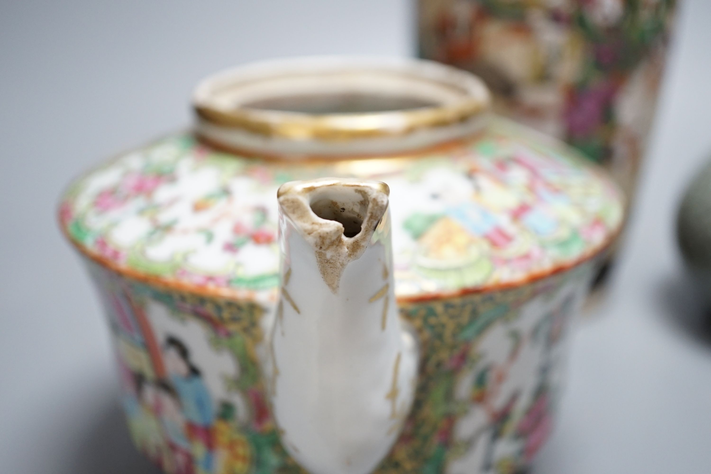 A Chinese famille rose crackleglaze vase, 29cm, together with a famille rose teapot and a crackleglaze celadon ground bottle vase